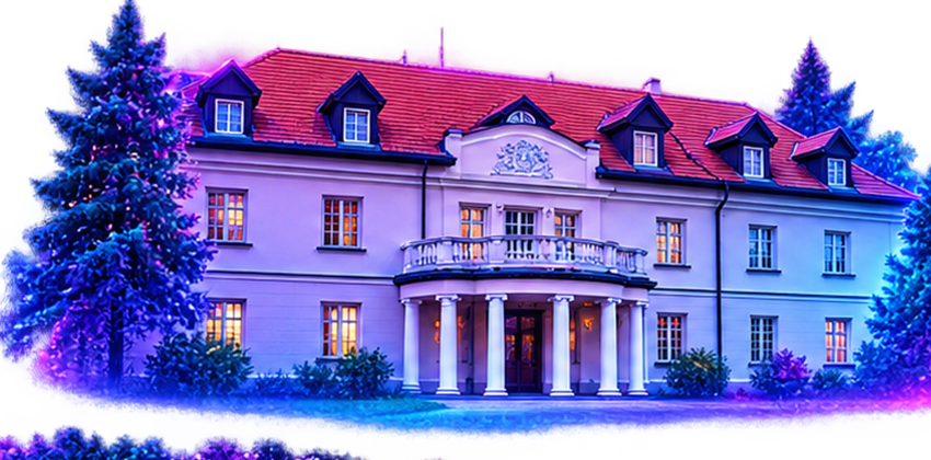 Historic manor house of the summit campus in twilight illumination